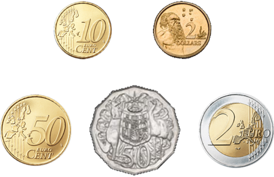 Vergleich von AUD- und Euro-Muenzen 50er 200er 10er Vergleich von australischen und europäischen Münzen