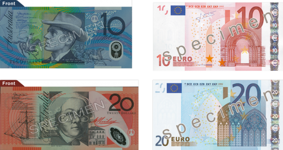 Vergleich von AUD- und Euro-Scheinen 10er und 20er Vergleich der australischen und europäischen 10er- und 20er-Scheine